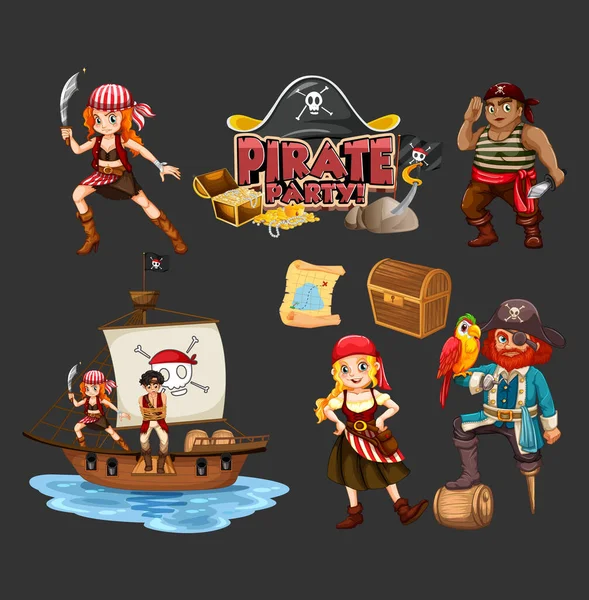 Conjunto Personajes Dibujos Animados Piratas Objetos Ilustración — Vector de stock