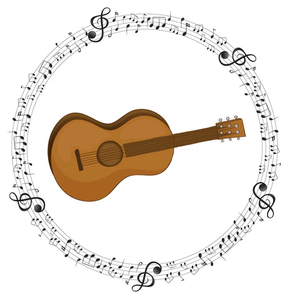 Sebuah Gitar Dengan Catatan Musik Pada Ilustrasi Latar Belakang Putih - Stok Vektor