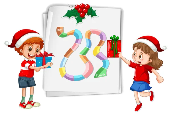 圣诞主题插图中的蛇和梯子游戏模板 — 图库矢量图片