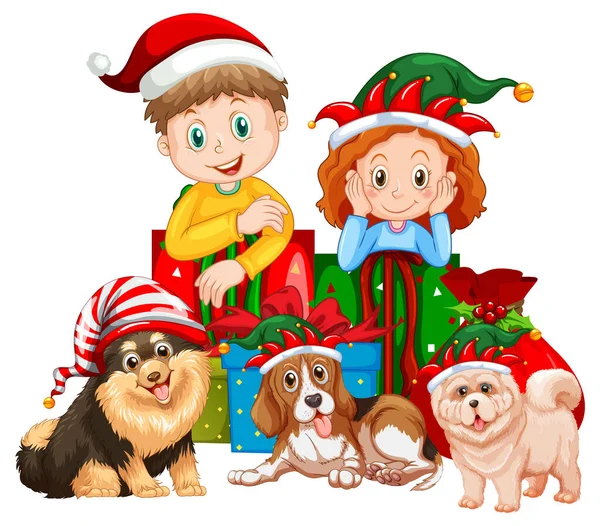 Bambini Cani Costumi Natale Illustrazione — Vettoriale Stock