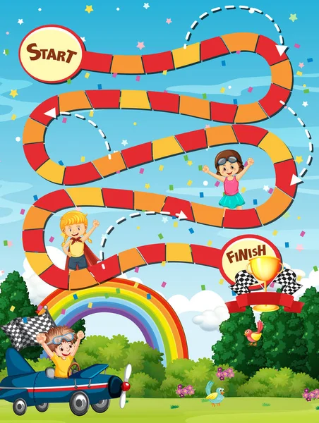 Plantilla Juego Serpiente Escaleras Con Ilustración Personajes Infantiles — Vector de stock