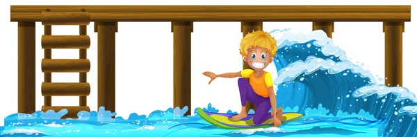 Houten Pier Met Een Jongen Surfplank Illustratie — Stockvector