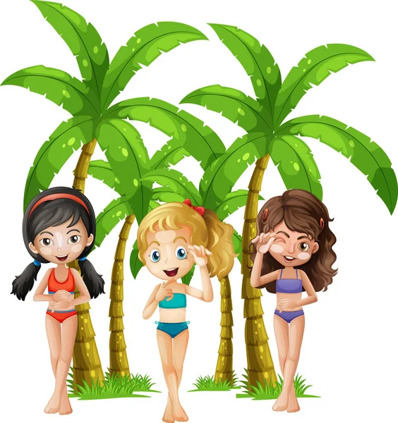 Tres Chicas Trajes Baño Con Palmeras Ilustración — Vector de stock