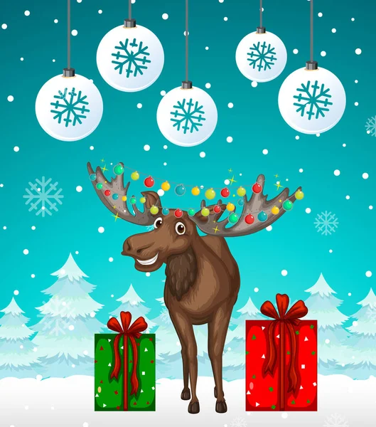 Design Cartaz Natal Com Alce Ilustração Fundo Nevado — Vetor de Stock