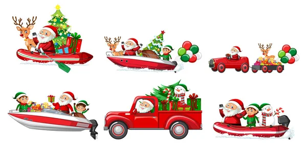 Set Different Christmas Cars Santa Claus Characters Illustration — Stock Vector