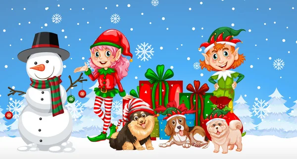 Muñeco Nieve Navidad Con Niños Sobre Fondo Azul Nevado Ilustración — Vector de stock