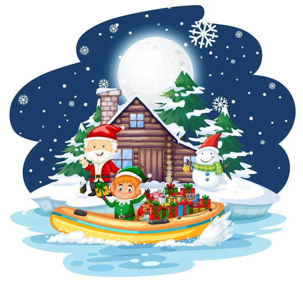 船のイラストで贈り物を提供エルフと雪の夜 — ストックベクタ