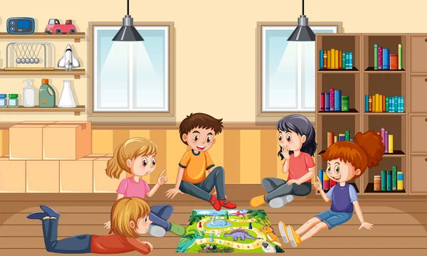 Gyerekek Játszanak Társasjáték Szobában Illusztráció — Stock Vector