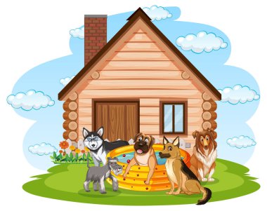 Köpek kulübesi illüstrasyonunun dışında oynayan çok köpek var