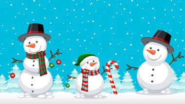 Karlı mavi arkaplanda Noel kardan adamları