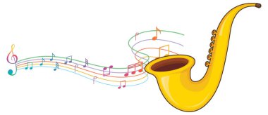 Beyaz arkaplan illüstrasyonu üzerine notaları olan bir saksafon