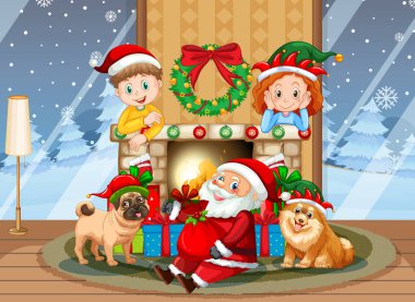 Çocuklar Noel 'i evde Noel Baba resimleriyle kutluyorlar.