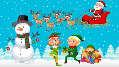 Karlı mavi arkaplandaki Noel çizgi film karakterleri