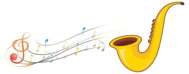 Beyaz arkaplan illüstrasyonu üzerine notaları olan bir saksafon