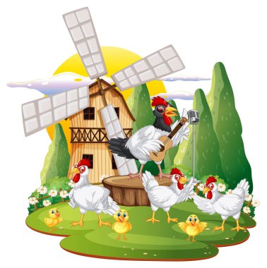 Çizgi film tarzında bir grup tavuğun izole edilmiş bir sahnesi.