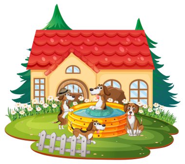 Köpek kulübesi illüstrasyonunun dışında oynayan çok köpek var