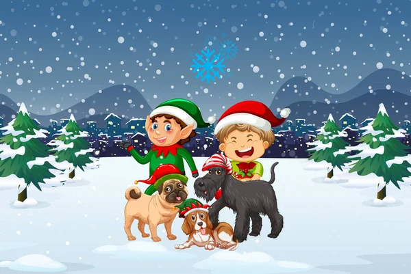 Cena Noturna Natal Nevado Com Elfos Cães Ilustração — Vetor de Stock