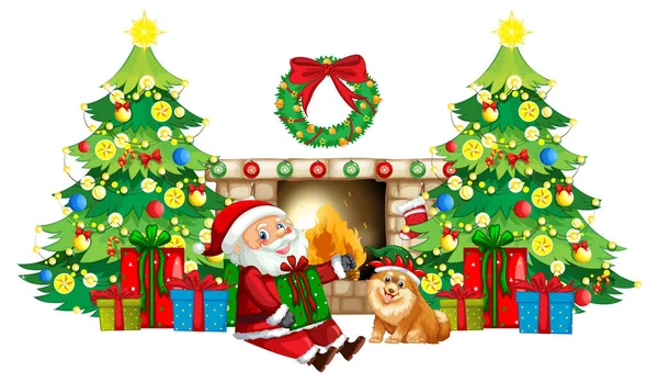 Santa Claus Siedzi Przed Kominkiem Wielu Pudełek Ilustracji — Wektor stockowy