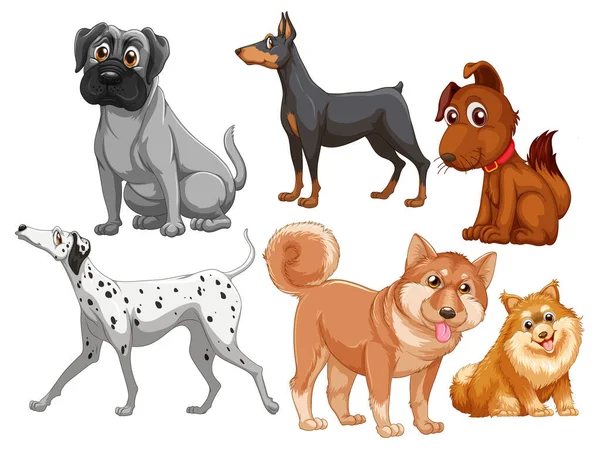 Conjunto Diferentes Cães Bonitos Desenho Animado Estilo Ilustração — Vetor de Stock