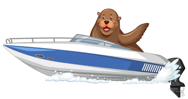 卡通画中的快艇上的海狮 — 图库矢量图片