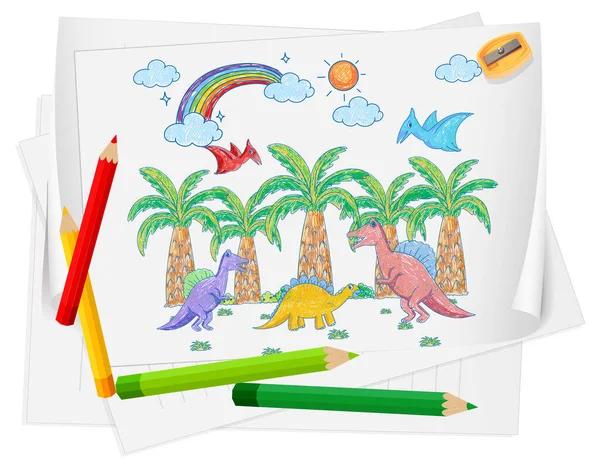Ett Papper Med Doodle Skiss Design Med Färg Och Färgpennor — Stock vektor