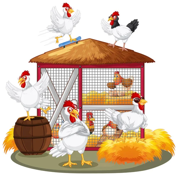 Isolated Scene Group Chickens Cartoon Style Illustration — Stock Vector