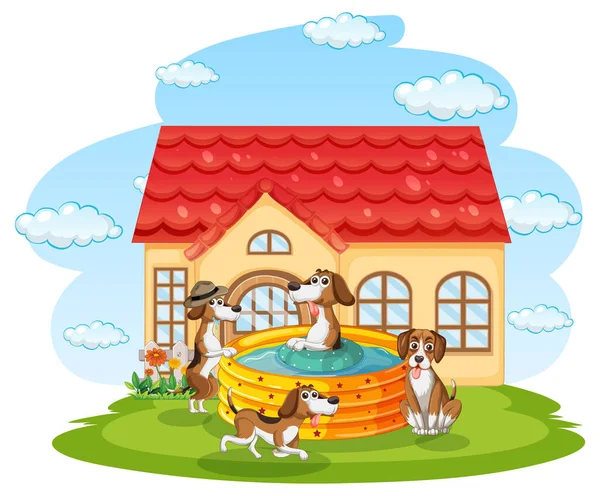 Many Dogs Playing Doghouse Illustration — Stock Vector