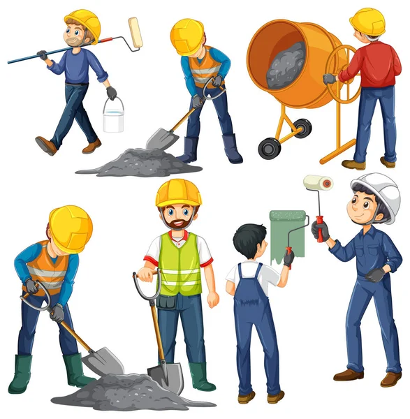 Groupe Travailleurs Construction Dessin Animé Personnages Illustration — Image vectorielle