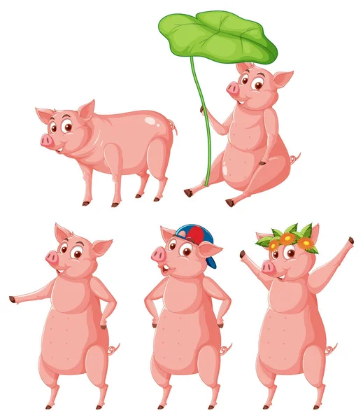 Conjunto Diferentes Cerdos Granja Ilustración Estilo Dibujos Animados — Vector de stock