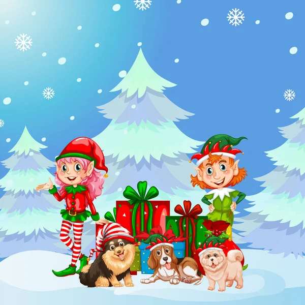 Karlı arkaplanda iki elf ve köpek resmi olan bir Noel posteri tasarımı.