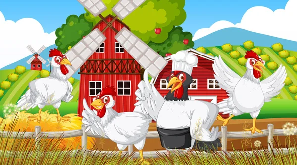 Kuřecí Kreslené Postavičky Farmě Scéna Ilustrace — Stockový vektor