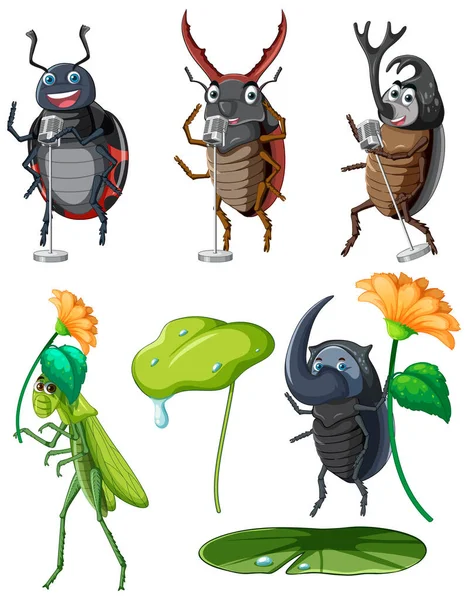 Set Different Insects Beetles Cartoon Style Illustration — Stock Vector