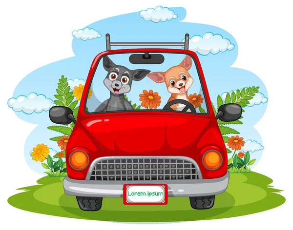 Viele Hunde Auf Rotem Auto Park Unterwegs Illustration — Stockvektor