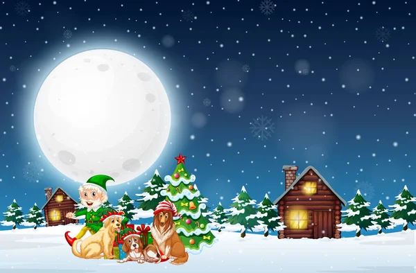 Noche Invierno Nevada Con Elfos Navidad Lindos Perros Ilustración — Vector de stock