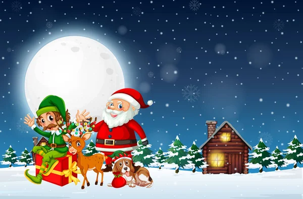 与圣诞老人和朋友共度的雪夜 — 图库矢量图片