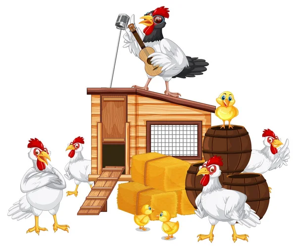 Μια Απομονωμένη Σκηνή Μια Ομάδα Κοτόπουλων Στην Απεικόνιση Στυλ Κινουμένων — Διανυσματικό Αρχείο