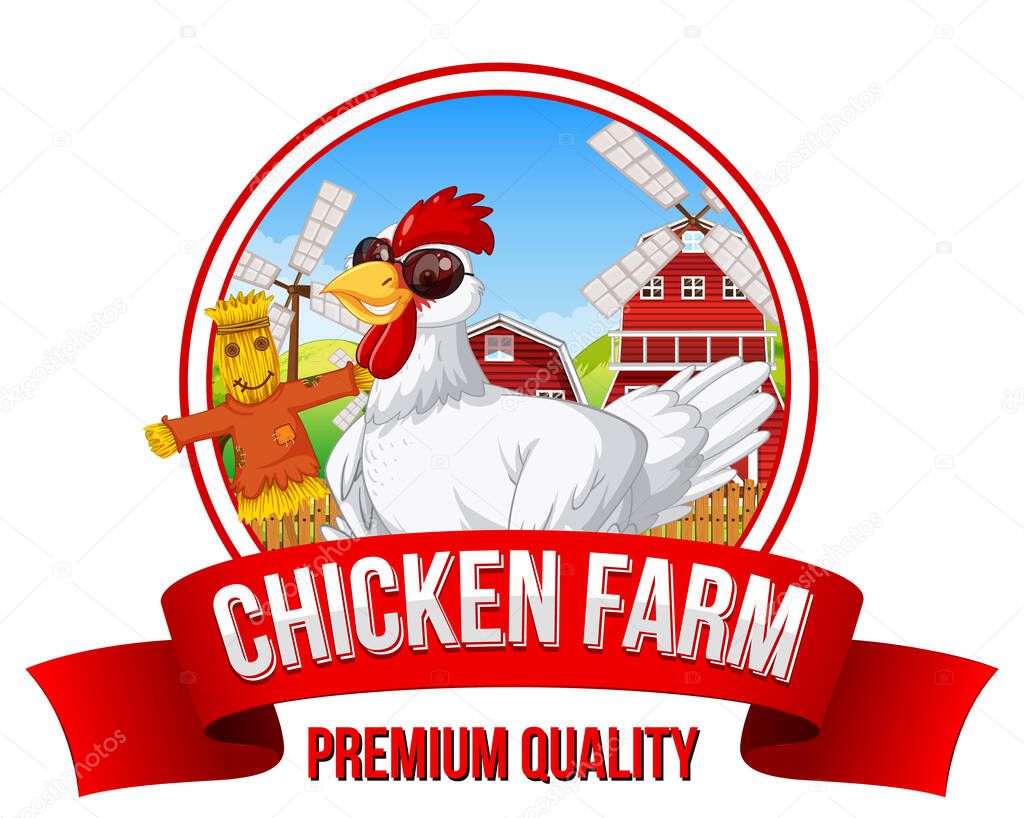 Chicken Farm banner with a funny chicken cartoon character illustration