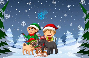 Elfler ve köpeklerle dolu karlı bir Noel gecesi sahnesi