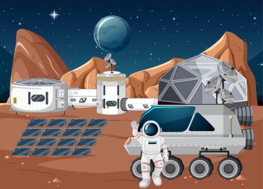 Uzay istasyonu olay yeri illüstrasyonunda astronot