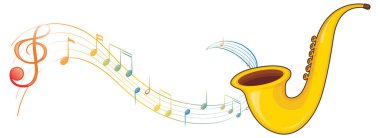 Beyaz arkaplan illüstrasyonu üzerine notaları olan bir saksafon