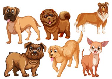 Çizgi film stili resimlerde farklı şirin köpekler.