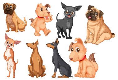 Çizgi film tarzında farklı köpek türleri.