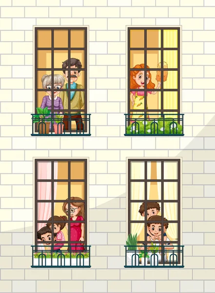 Hausfassade Mit Menschen Den Fenstern Illustration — Stockvektor