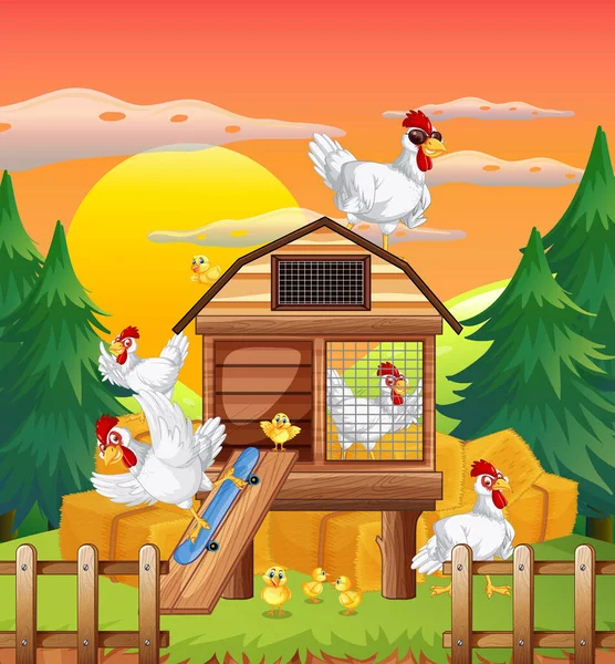 Hühnerstall Mit Hühnern Auf Dem Hof Illustration — Stockvektor