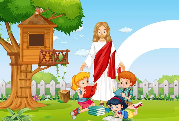 Jesus Crianças Parque Ilustração —  Vetores de Stock