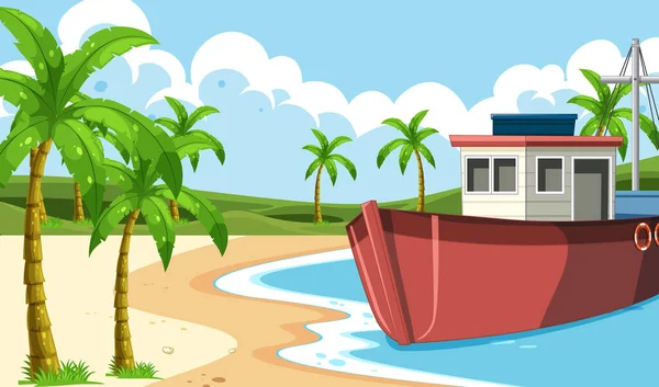 Boat Ship Transport Sea Beach Ocean View Outdoor Background Island — 图库矢量图片