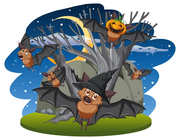 Gruppe Von Fledermäusen Wald Der Nacht Illustration — Stockvektor