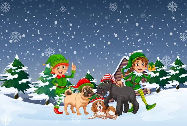 Snowy Nacht Scène Met Kerst Cartoon Personages Illustratie — Stockvector