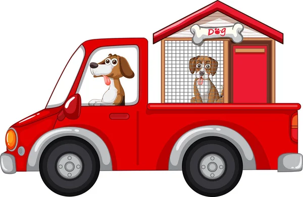 赤いトラックのイラストで2匹の犬 — ストックベクタ