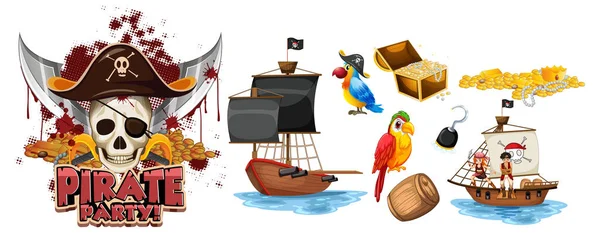 Conjunto Personajes Dibujos Animados Piratas Objetos Ilustración — Vector de stock